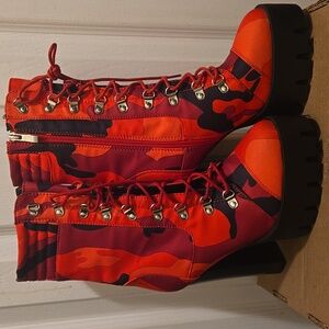 Azalea Wang Red/Black Camo Put It Down On Me Chunky Heel Boot